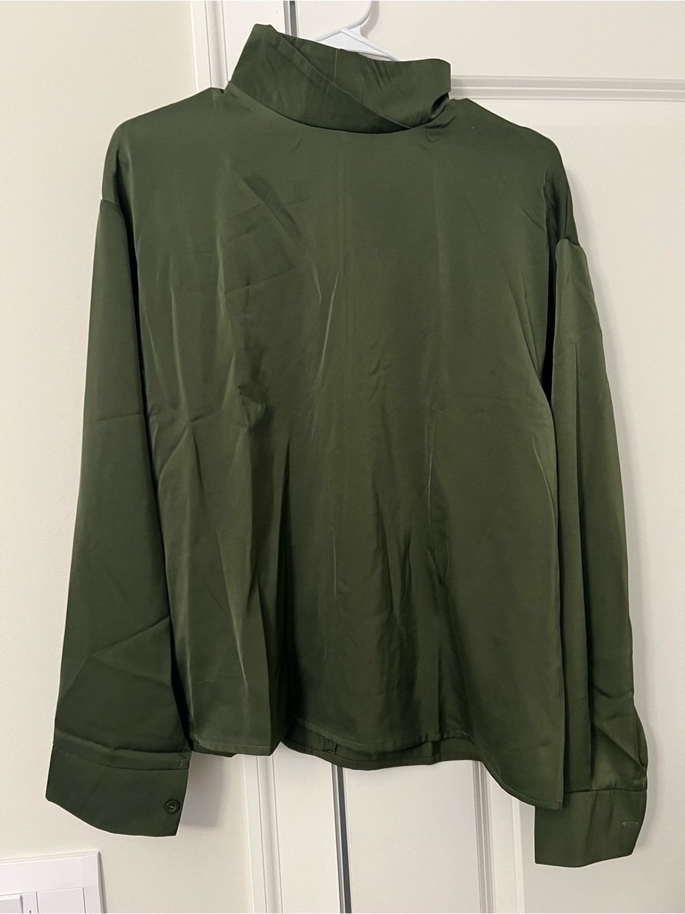 Olive Green Long-Sleeve Satin Mock Neck Blouse